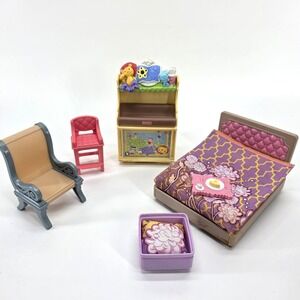 VIDEO Lot Fisher Price Loving Family Doll Furniture Bed Chair Tray Baby Changing